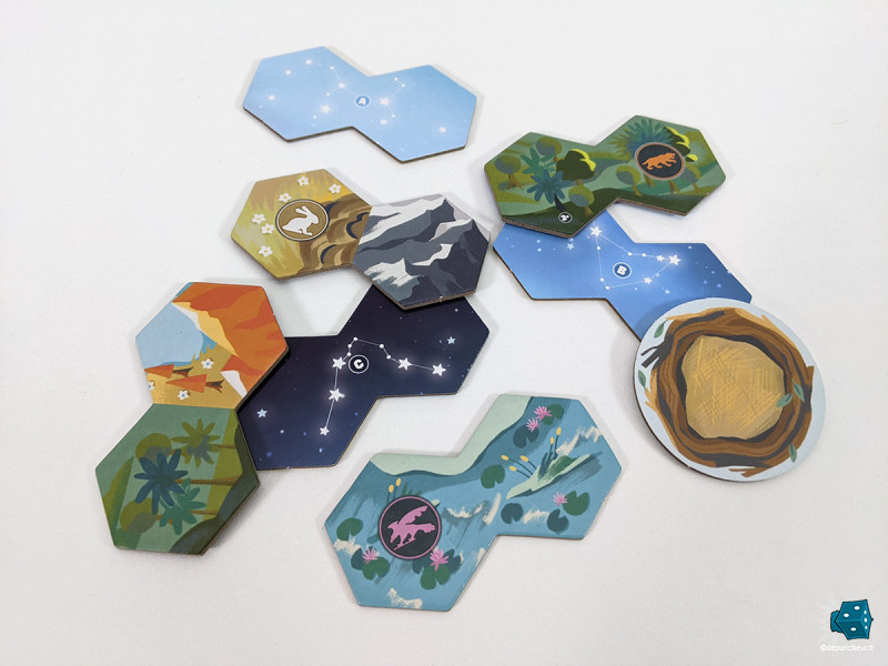 Des tuiles double hexagone variées, mais dont je ne vois toujours pas l'intérêt d'en faire 4 paquets